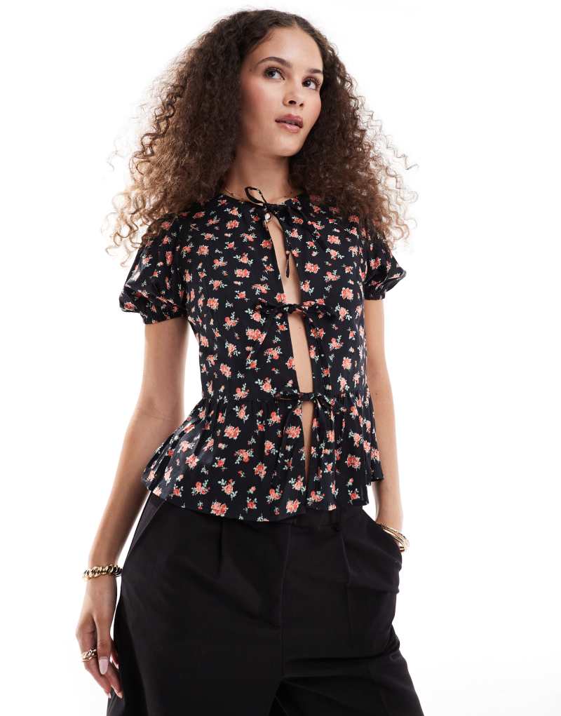 Motel Exclusive ajasi rose print tie detail blouse in black Motel