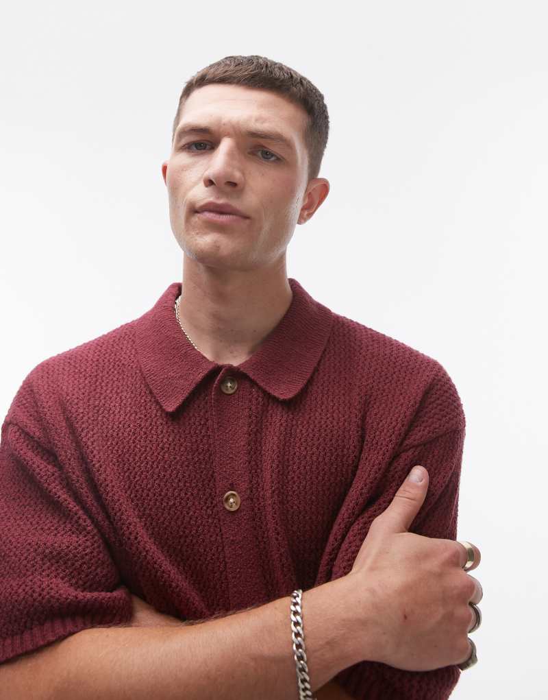 Рубашка поло Topman с короткими рукавами и кнопочной планкой, сливовая Topman