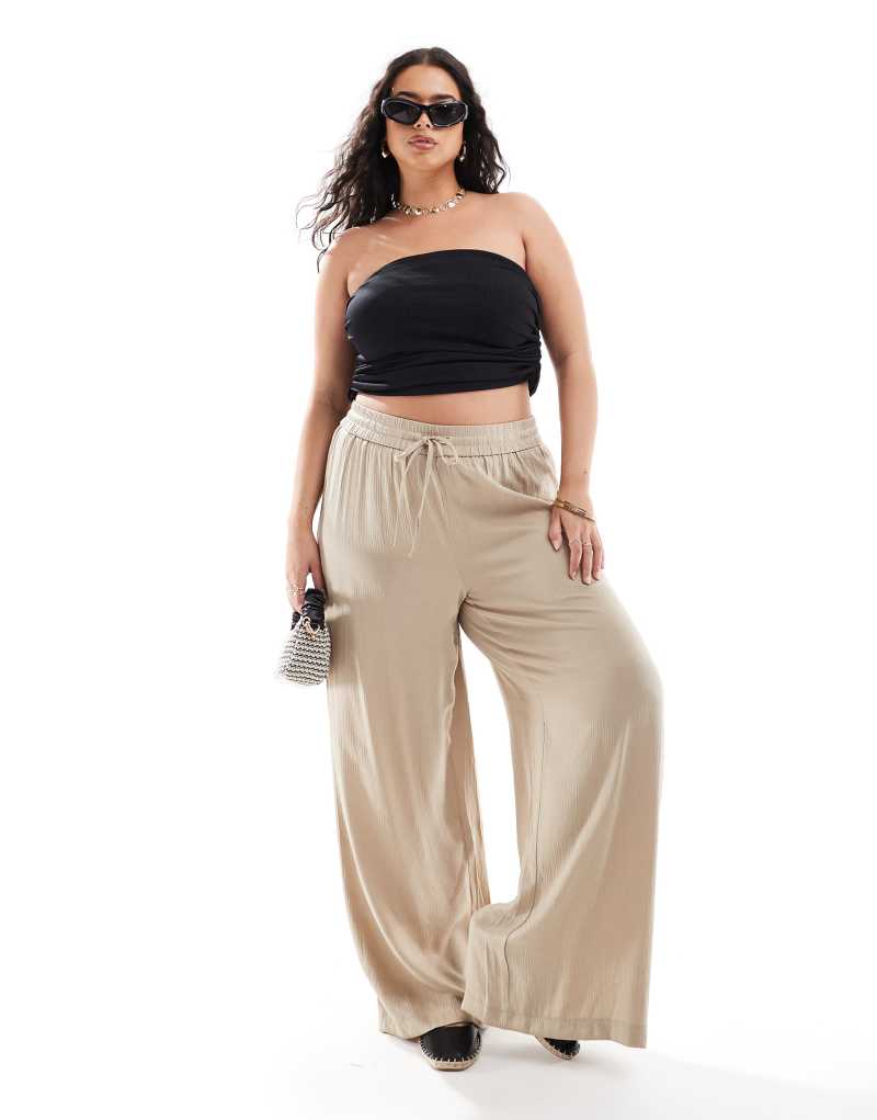 Vila Curve weighted plisse satin feel wide leg pants in beige Vila