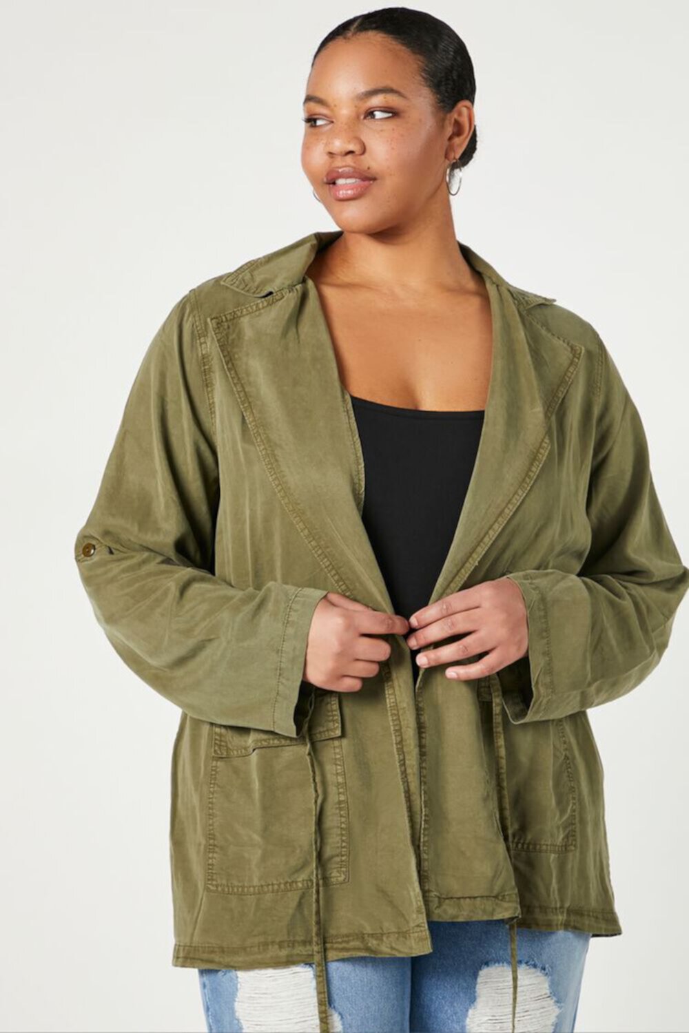 Plus Size Twill Tie-Waist Shacket FOREVER21