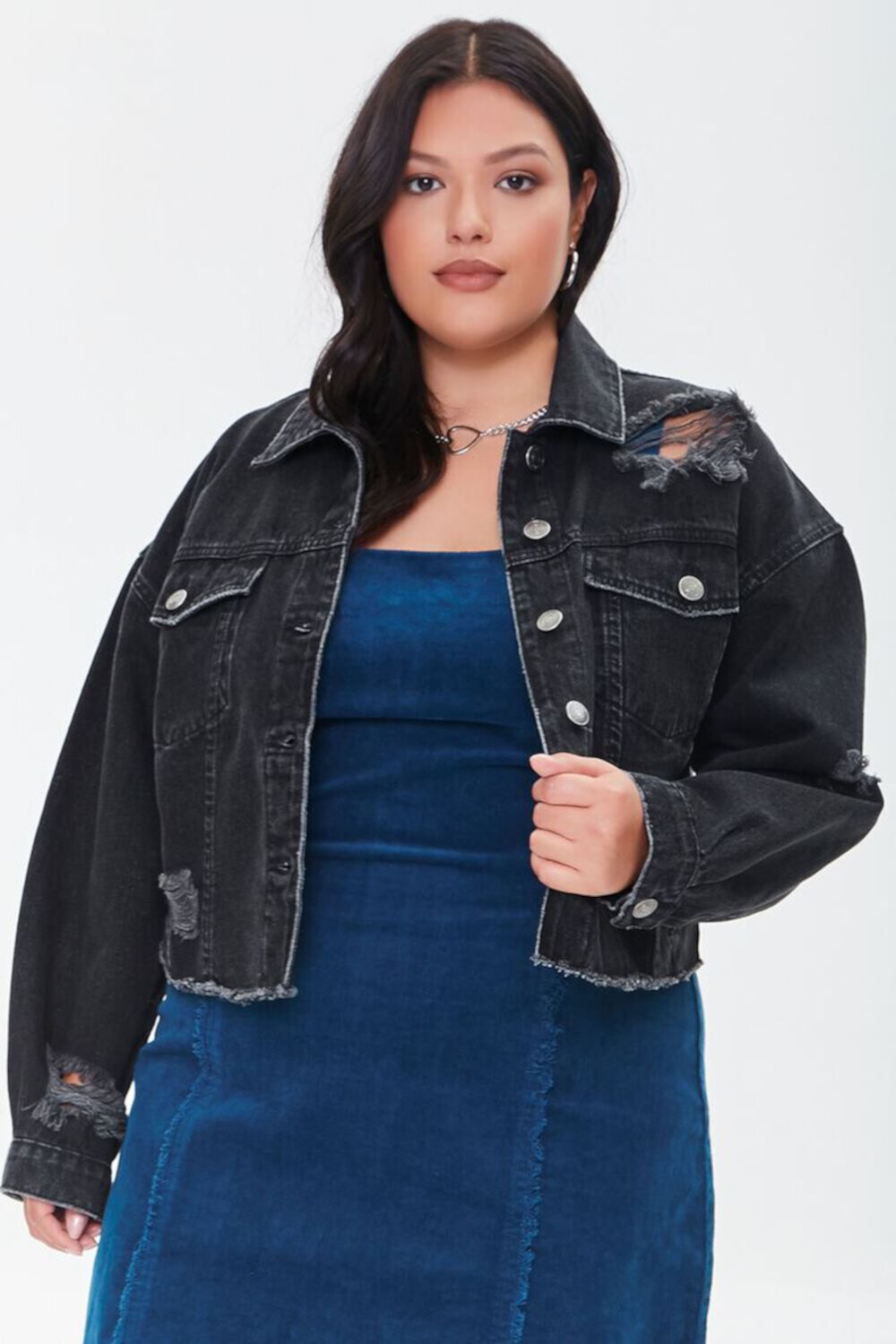 Plus Size Distressed Denim Jacket FOREVER21