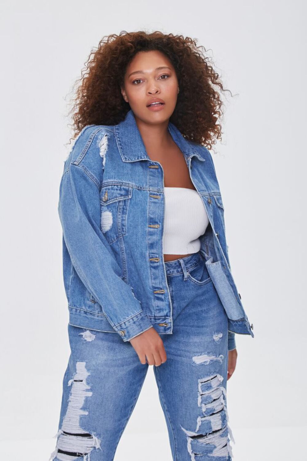 Plus Size Distressed Denim Jacket FOREVER21