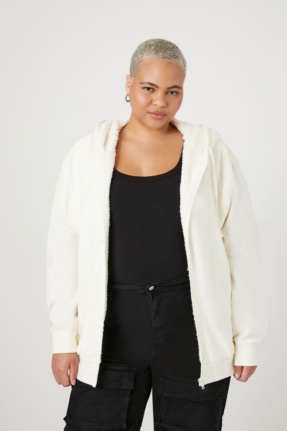 Plus Size Fleece Faux Shearling Zip-Up Hoodie FOREVER21