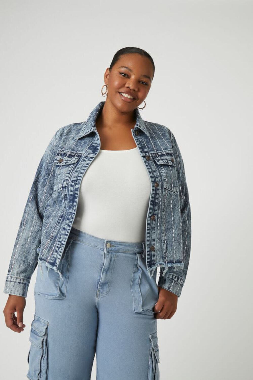 Plus Size Studded Denim Trucker Jacket FOREVER21