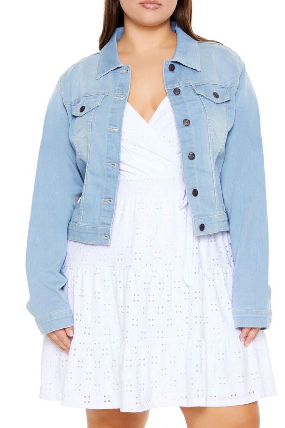 Plus Size Cropped Denim Jacket FOREVER21