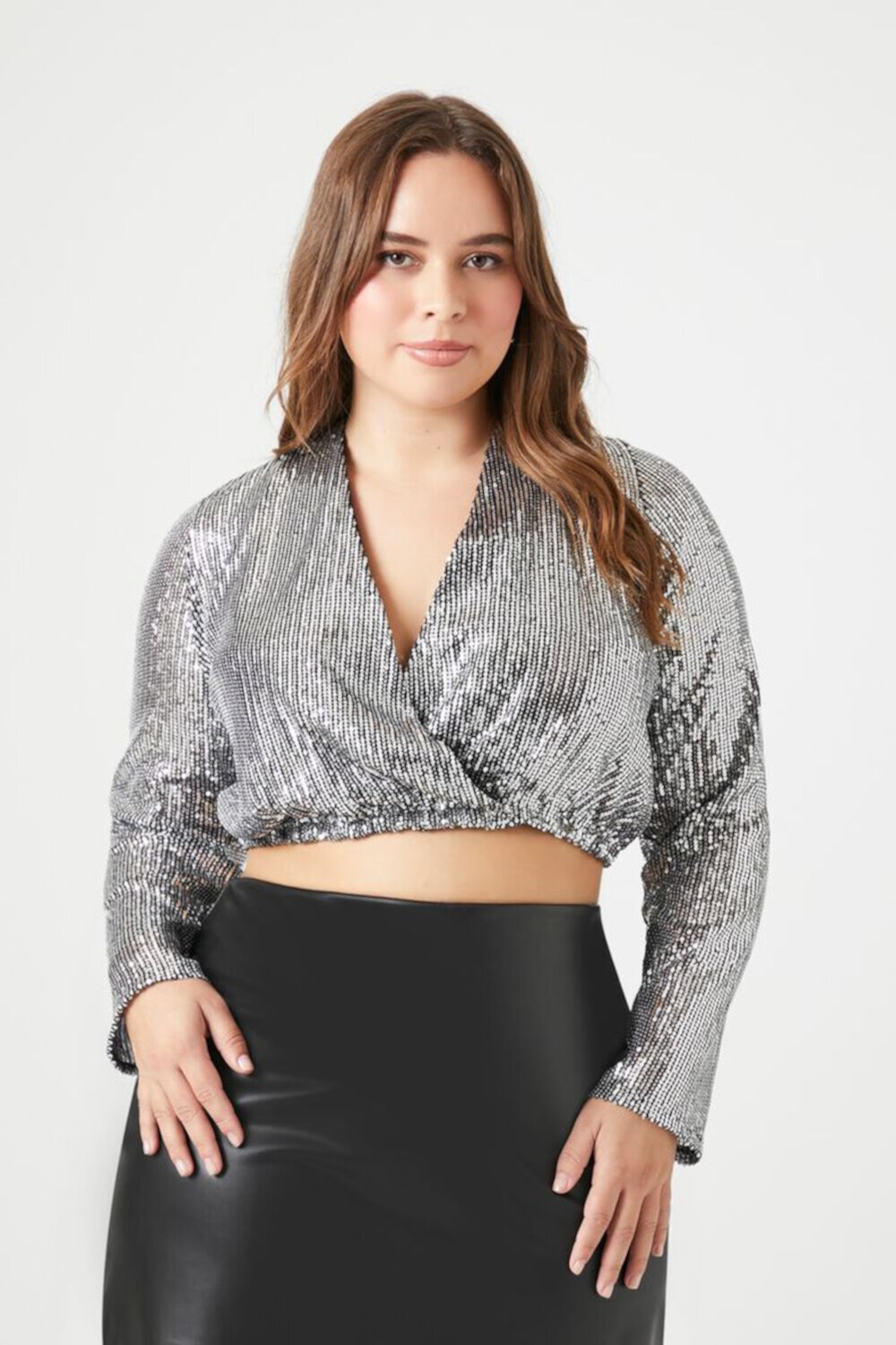 Plus Size Sequin Surplice Crop Top FOREVER21