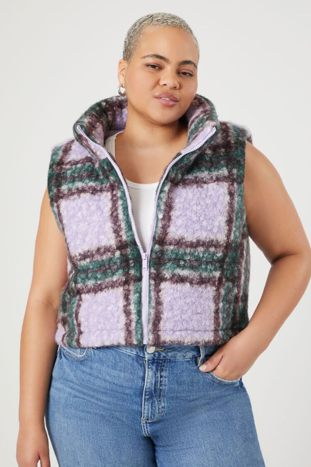 Plus Size Tweed Plaid Zip-Up Vest FOREVER21