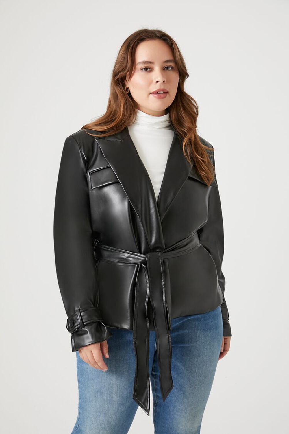 Plus Size Faux Leather Tie-Front Blazer FOREVER21