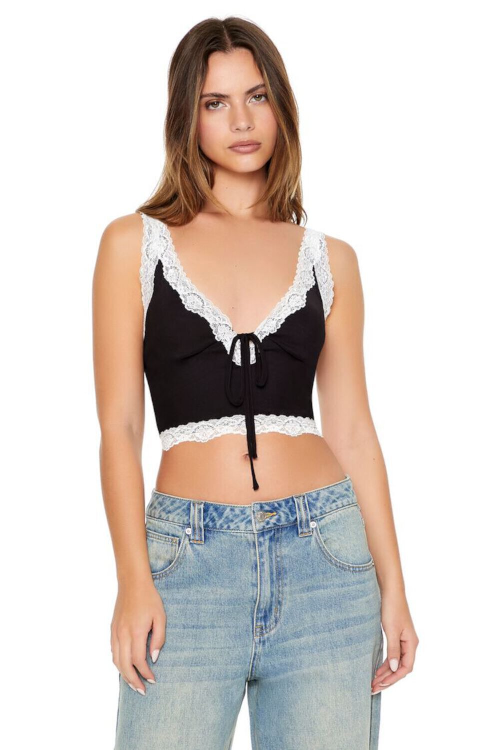 Женская Укороченная футболка F21 Cropped Lace-Trim Bow F21