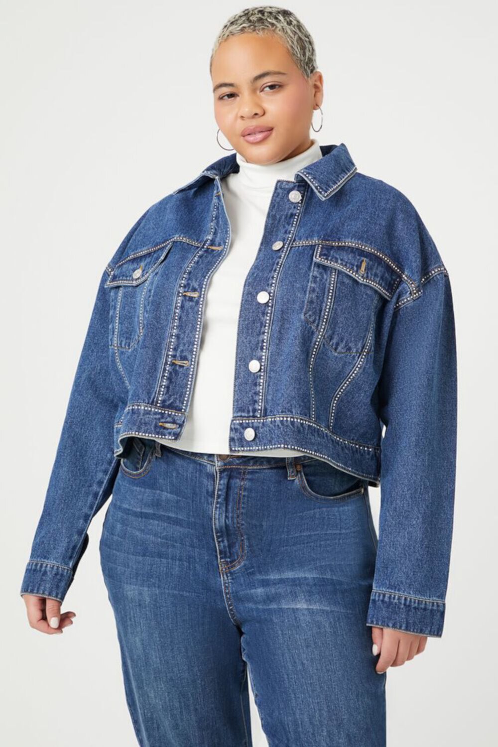 Plus Size Rhinestone Denim Trucker Jacket FOREVER21