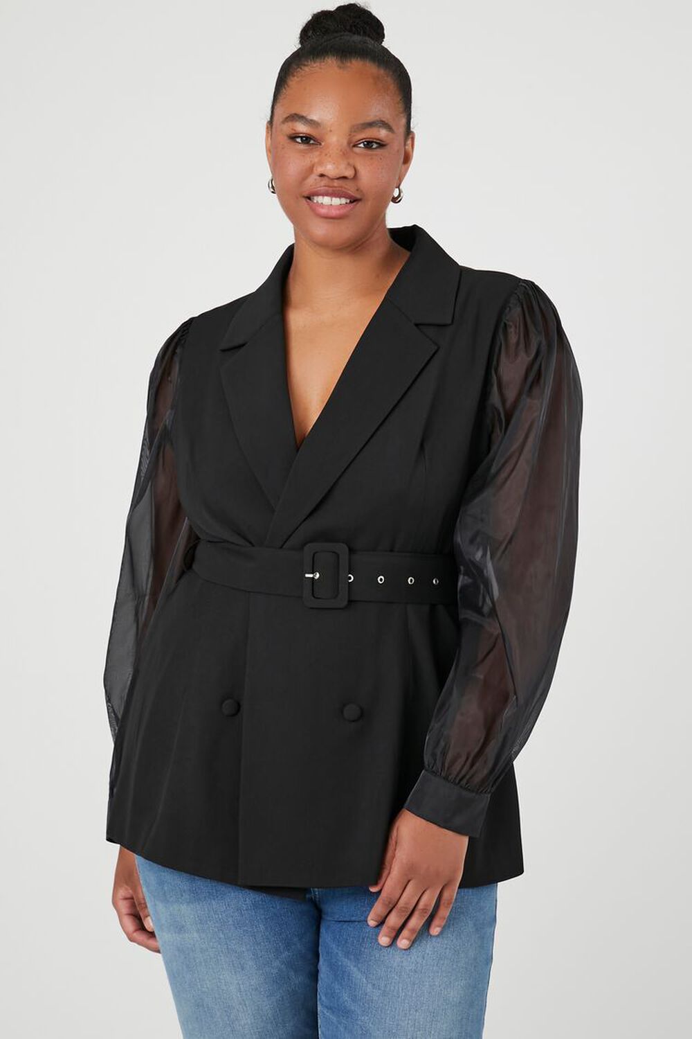 Plus Size Belted Sheer-Sleeve Blazer FOREVER21