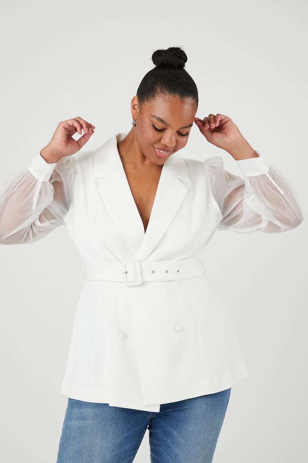 Plus Size Belted Sheer-Sleeve Blazer FOREVER21