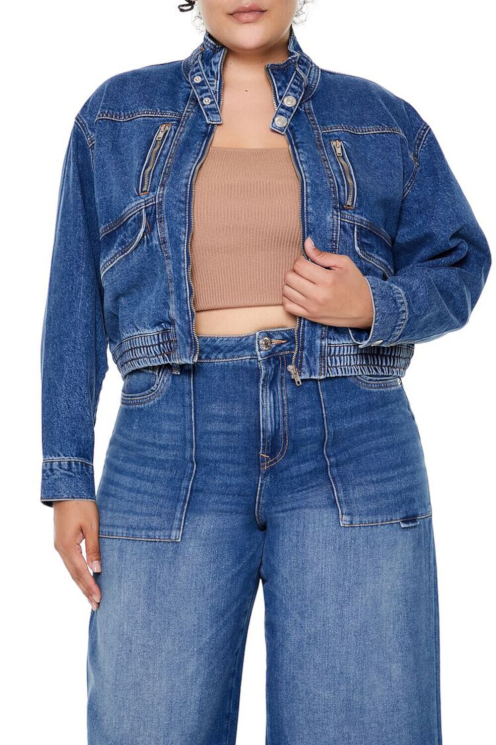 Plus Size Denim Zip-Up Bomber Jacket FOREVER21