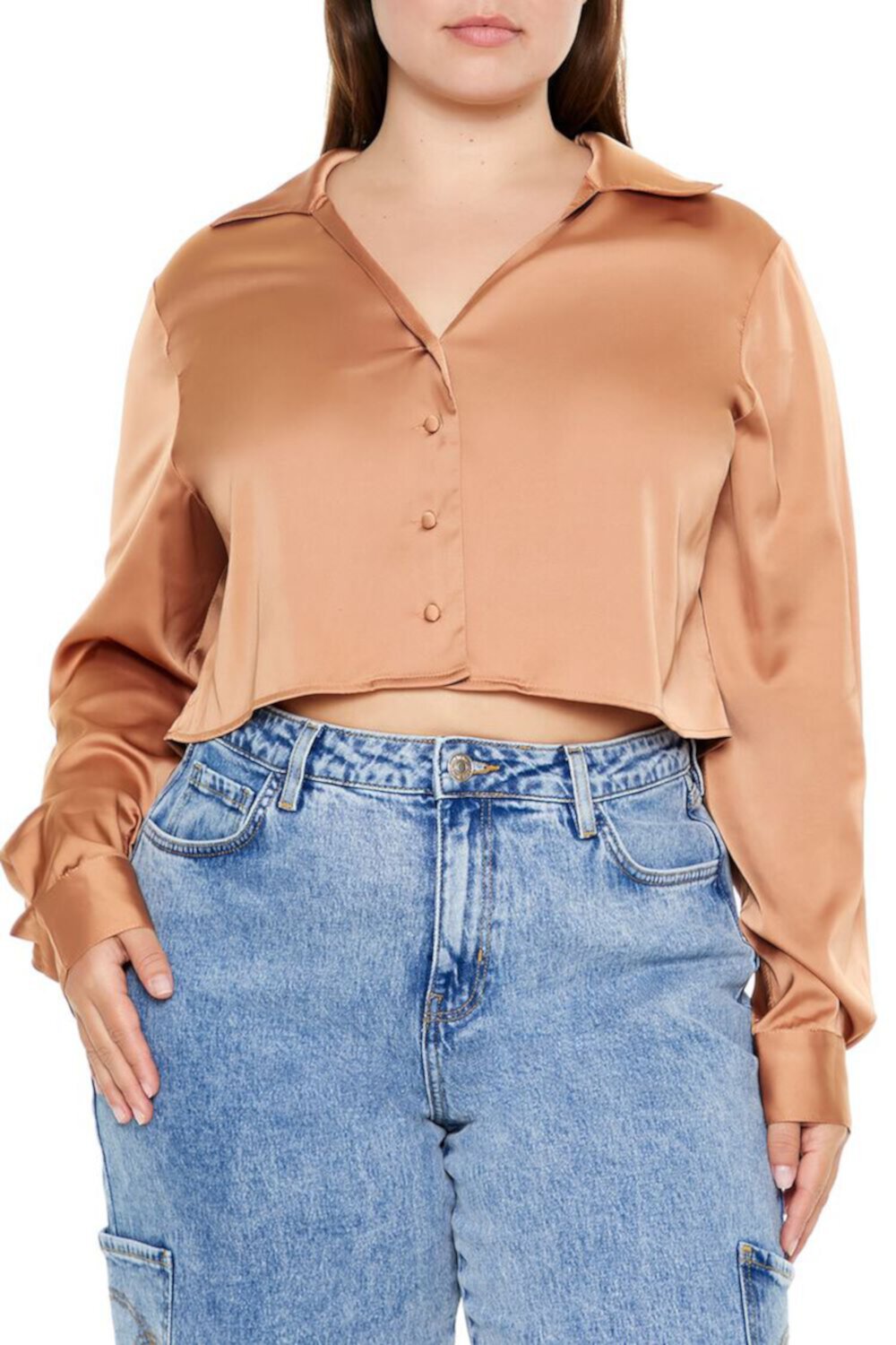 Plus Size Cropped Satin Shirt FOREVER21