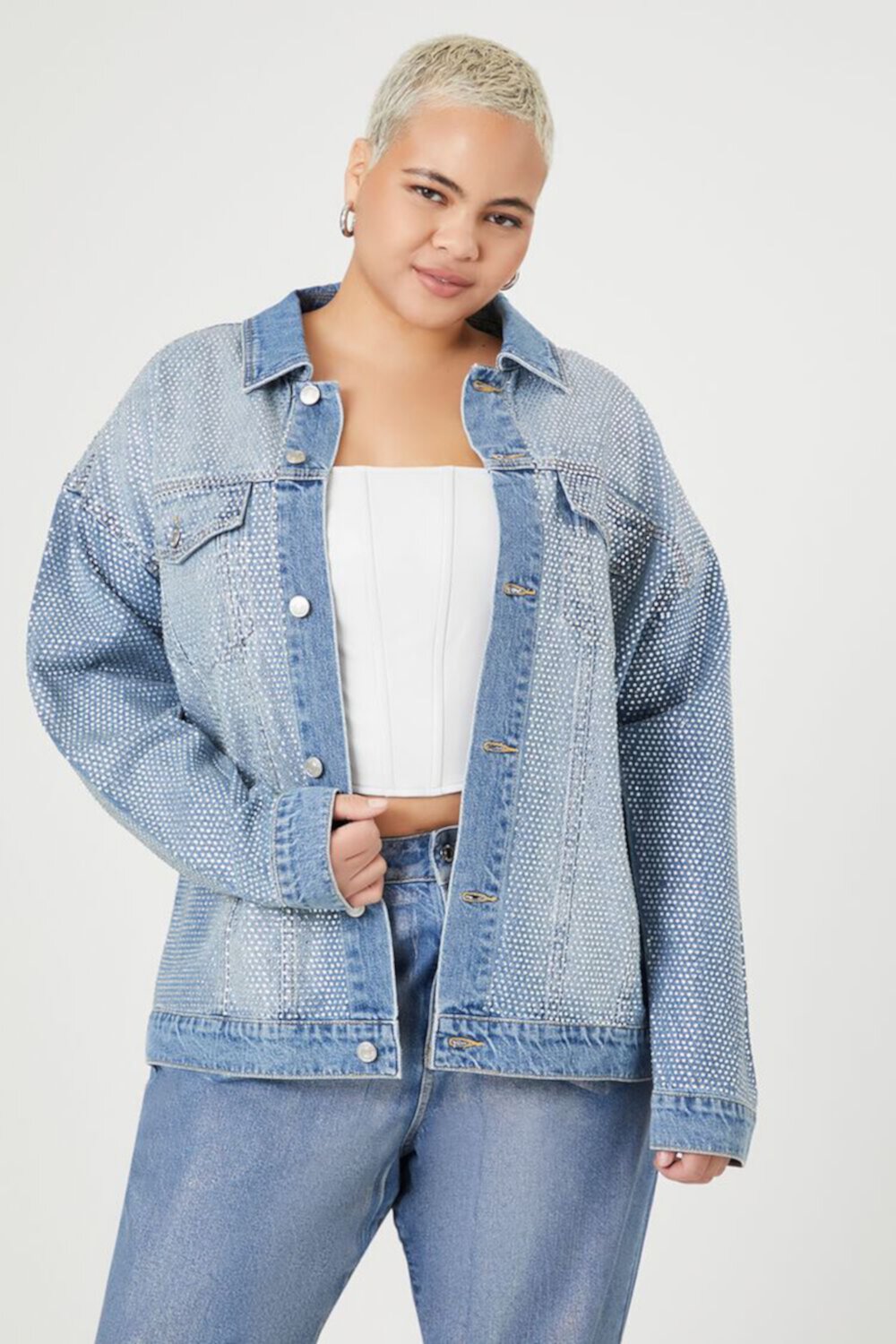 Plus Size Rhinestone Denim Jacket FOREVER21