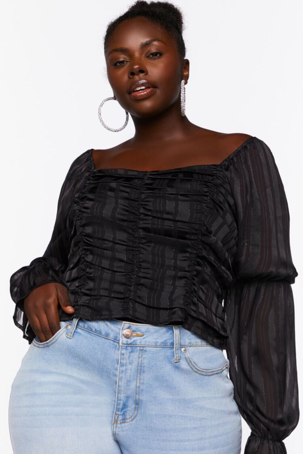 Plus Size Striped Peasant-Sleeve Top FOREVER21