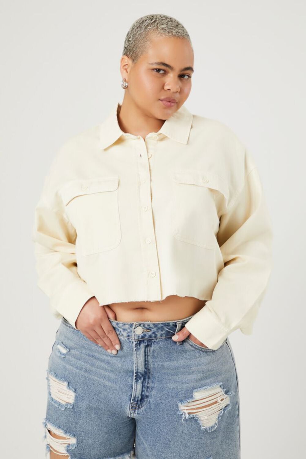 Plus Size Twill Cropped Shirt FOREVER21