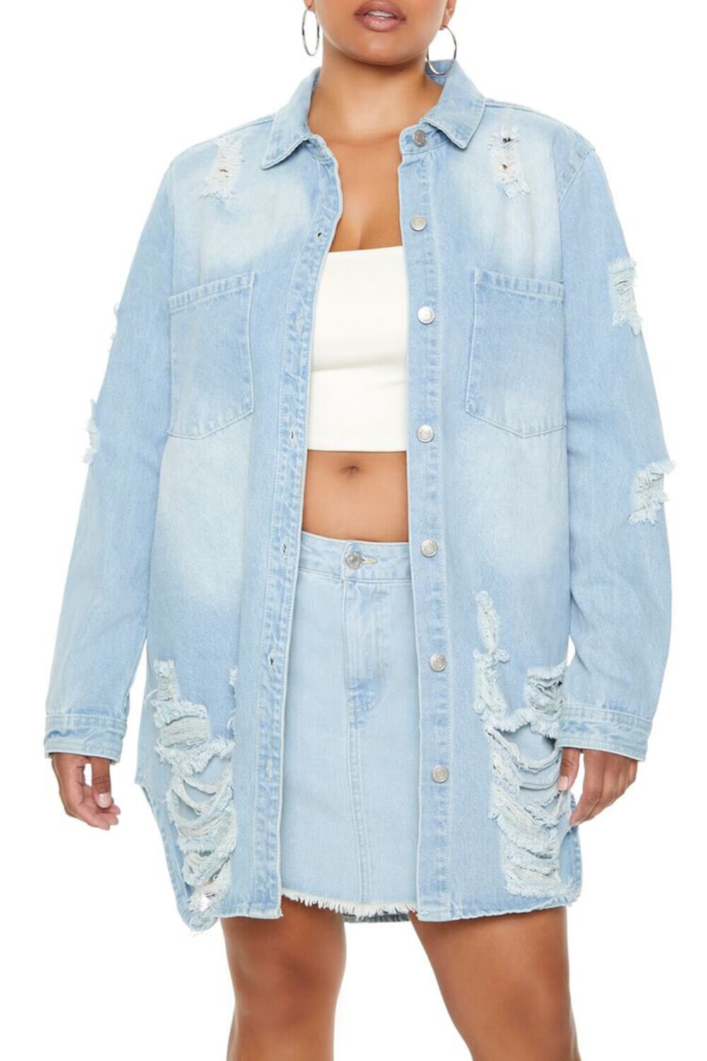 Plus Size Distressed Denim Shacket FOREVER21