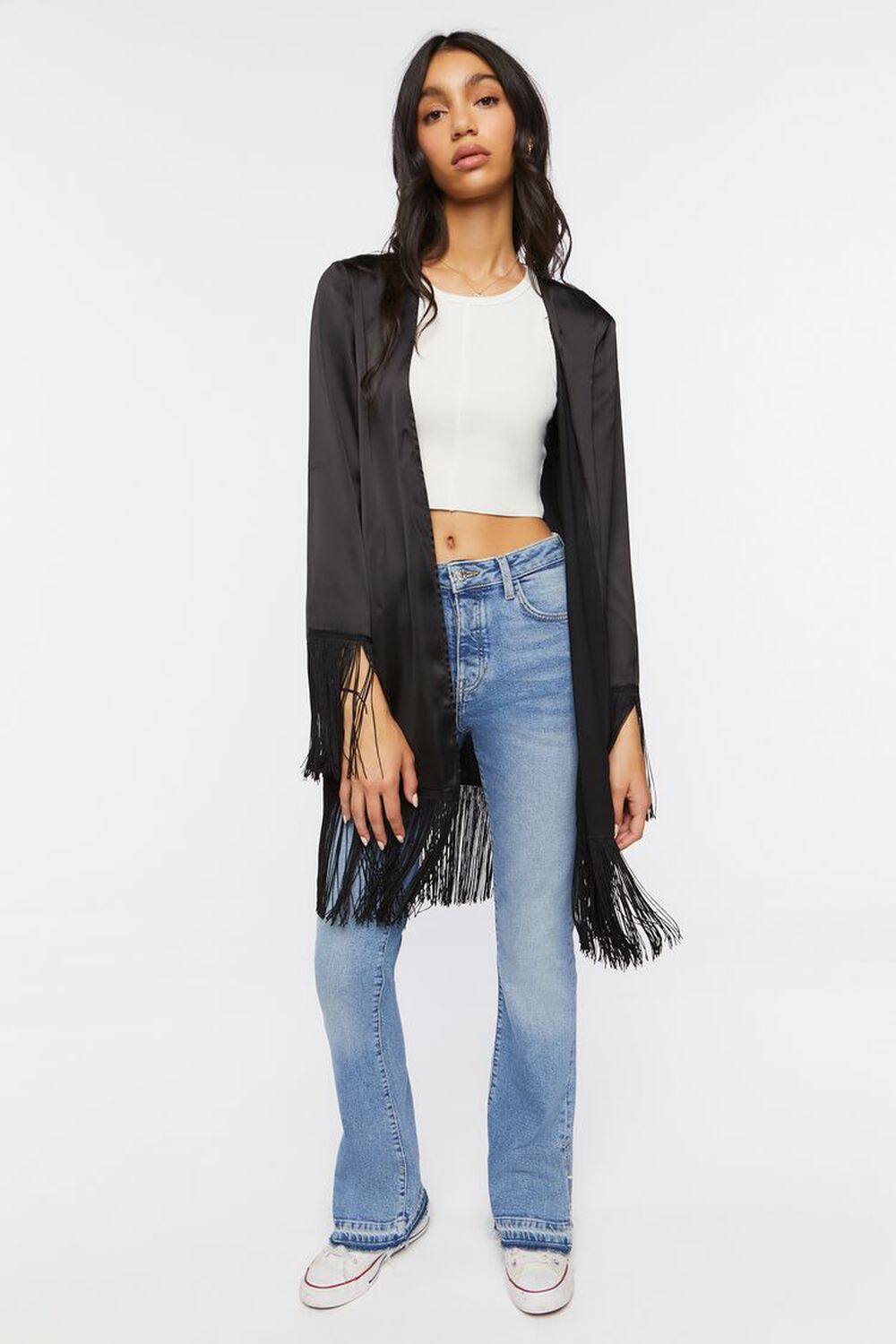 Женское Кимоно FOREVER21 Satin Fringe-Trim FOREVER21