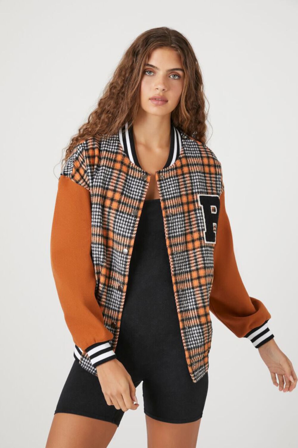 Женский Бомбер FOREVER21 Plaid Varsity Letterman FOREVER21