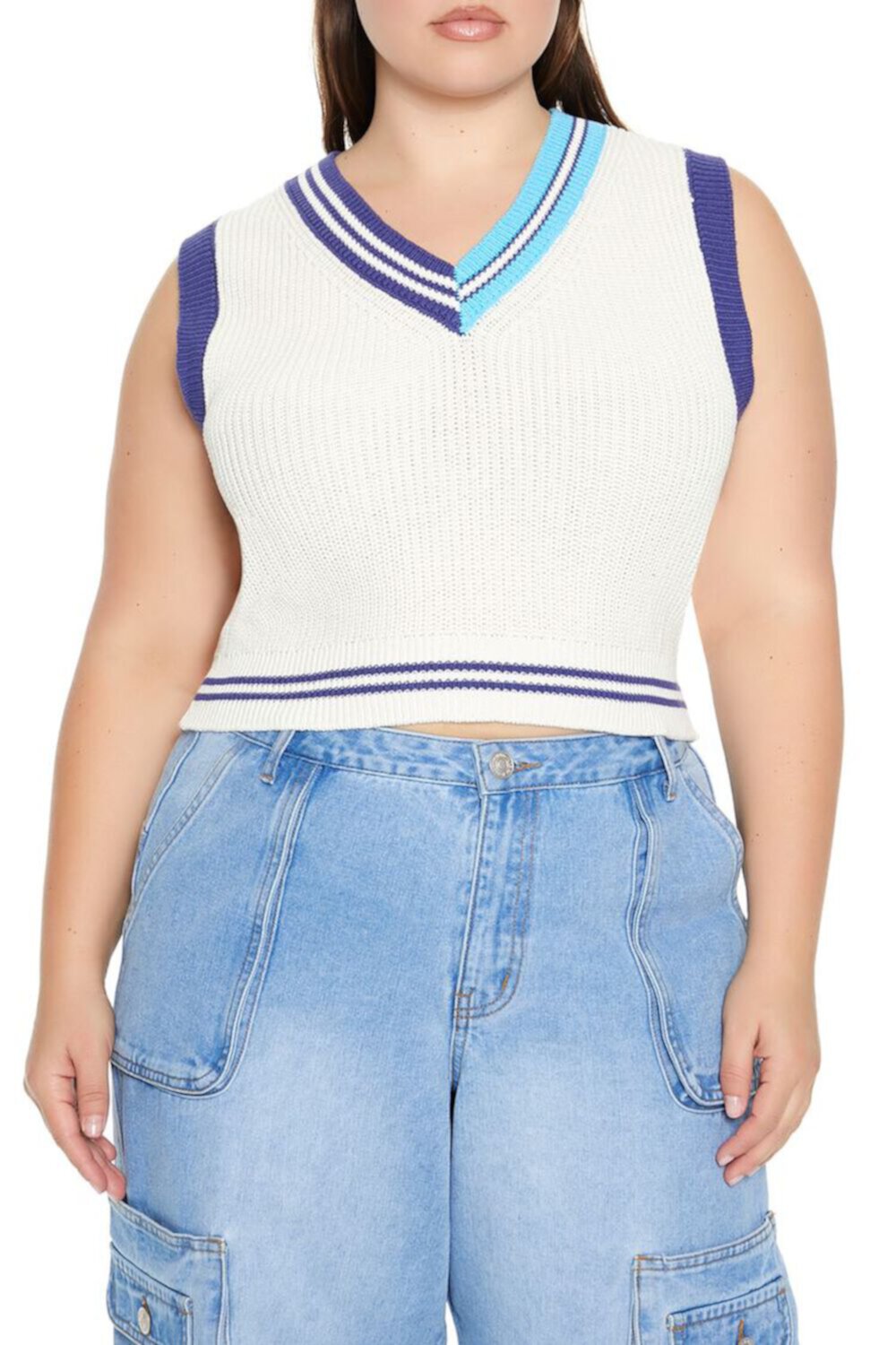 Plus Size Varsity-Striped Sweater Vest FOREVER21