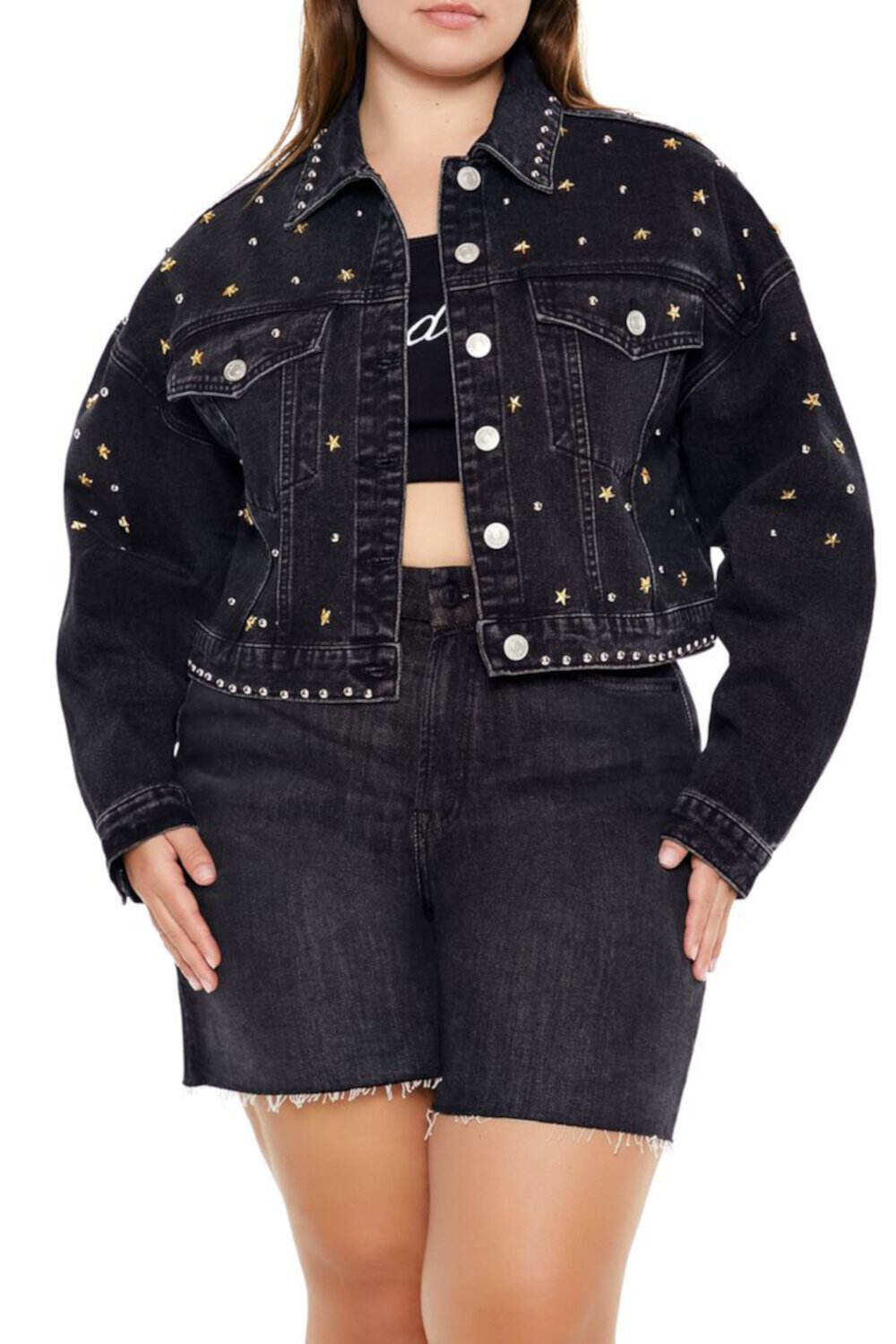 Plus Size Star Studded Denim Jacket FOREVER21