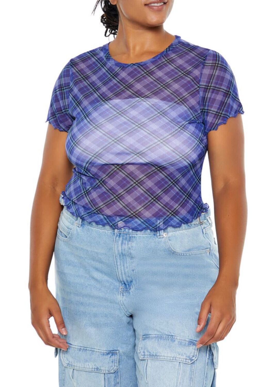 Plus Size Plaid Sheer Mesh Top FOREVER21