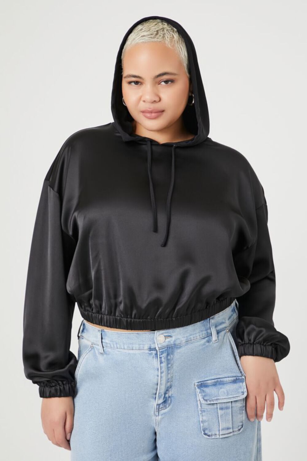 Plus Size Satin Cropped Hoodie FOREVER21