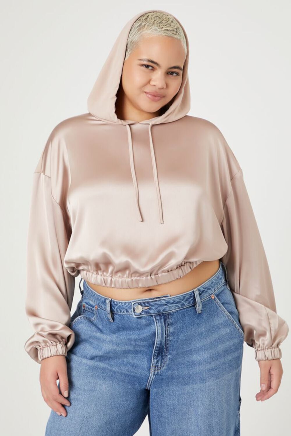 Plus Size Satin Cropped Hoodie FOREVER21