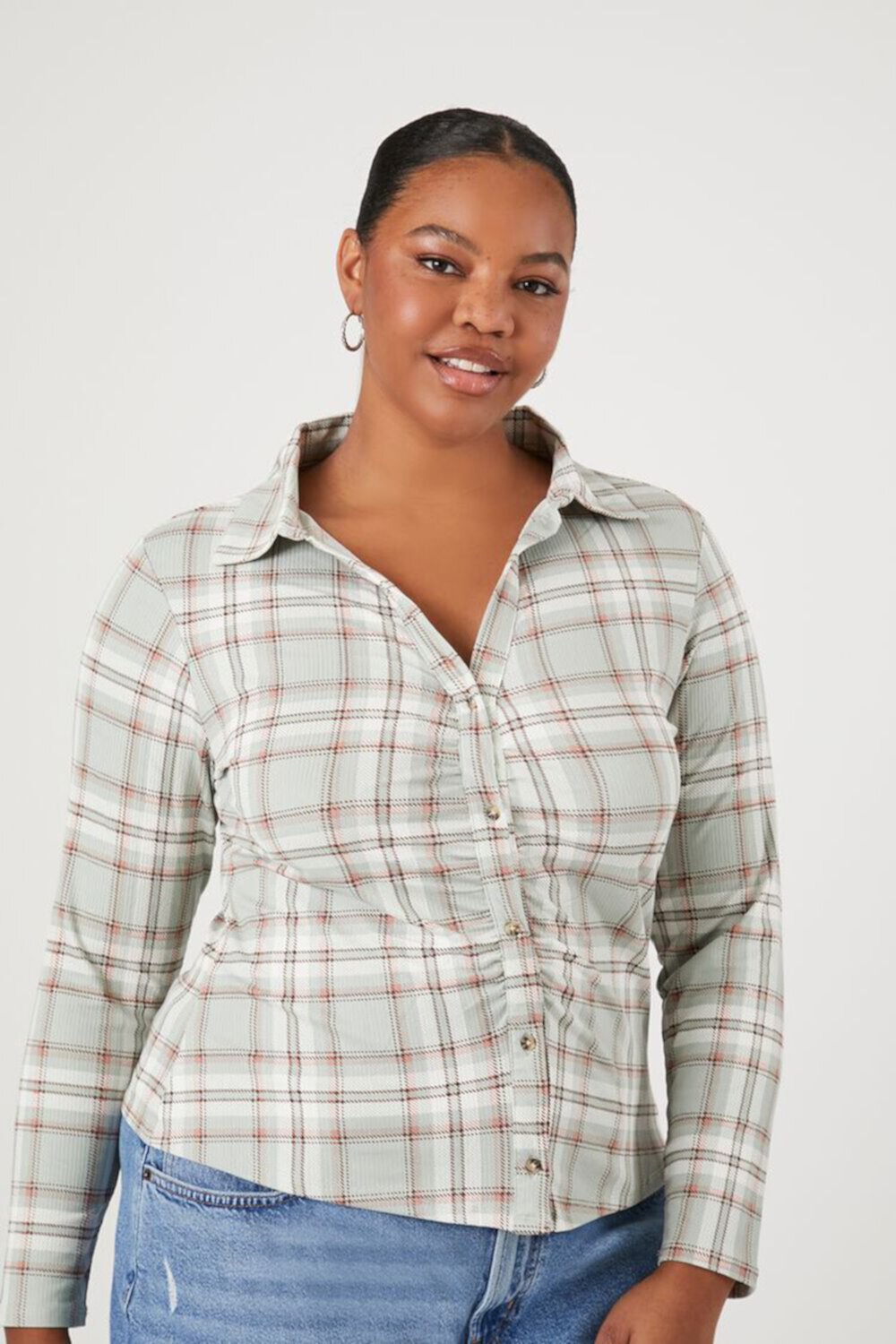 Plus Size Ruched Plaid Shirt FOREVER21