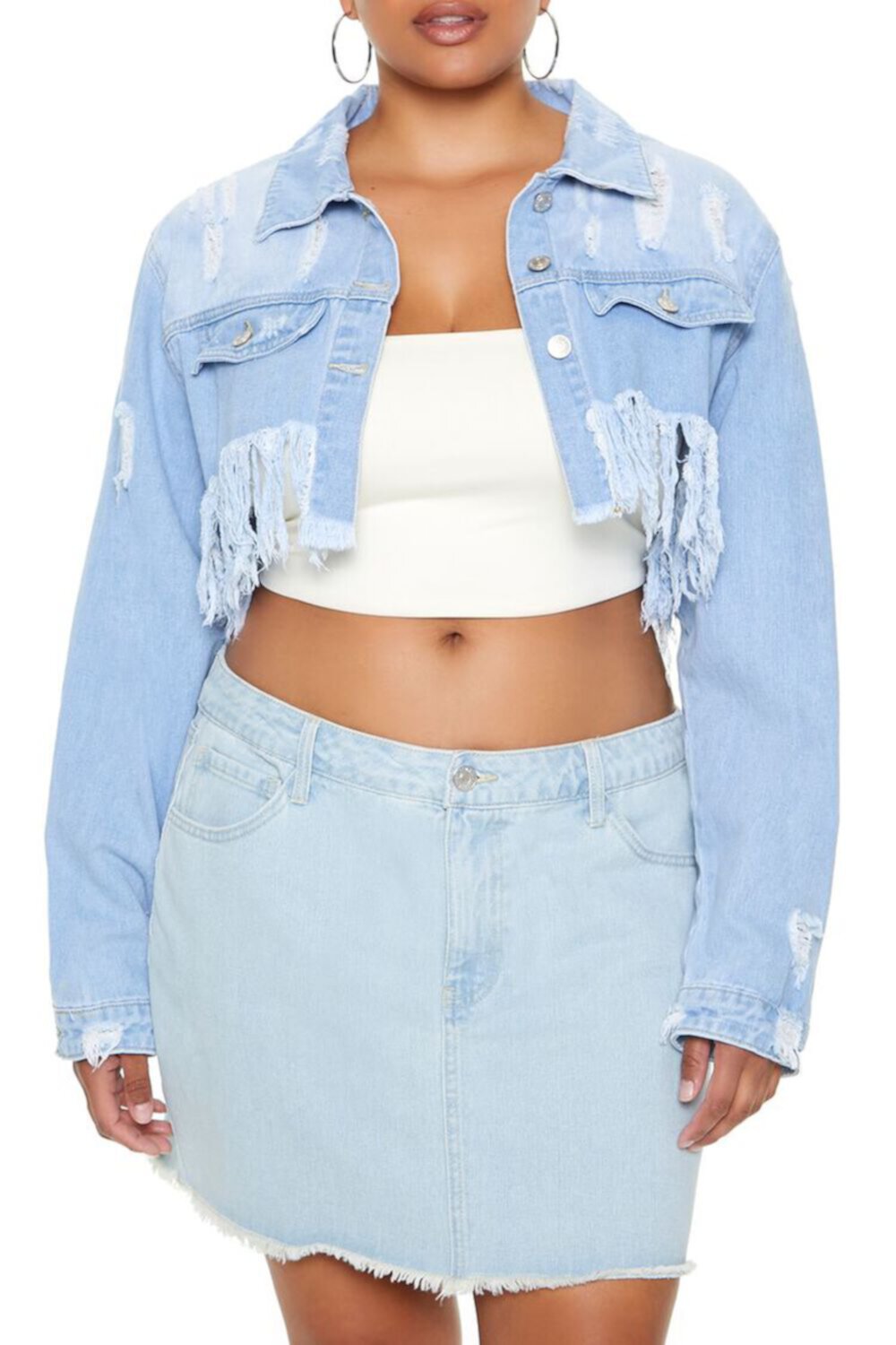 Plus Size Fringe Denim Jacket FOREVER21