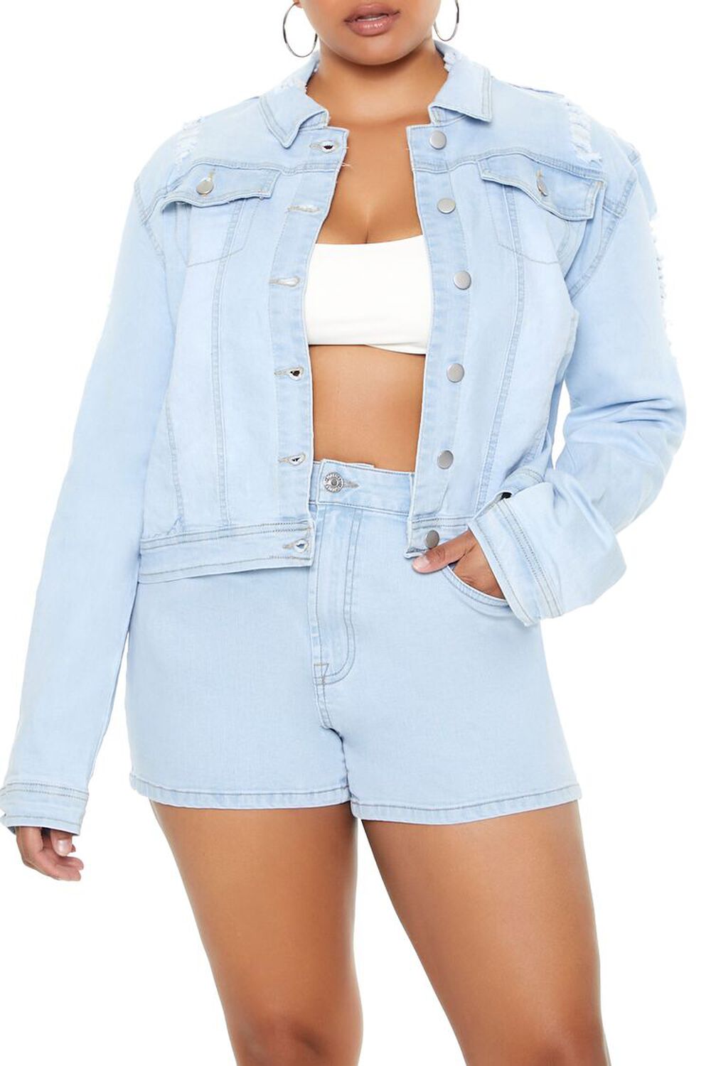 Plus Size Distressed Denim Shacket FOREVER21