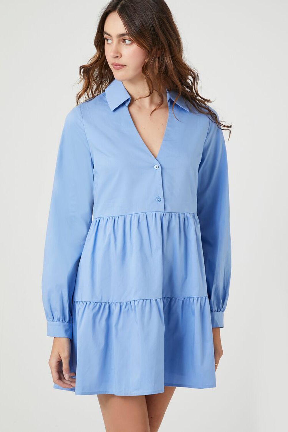 Женское Платье футболка-рубашка FOREVER21 Poplin Tiered Mini FOREVER21