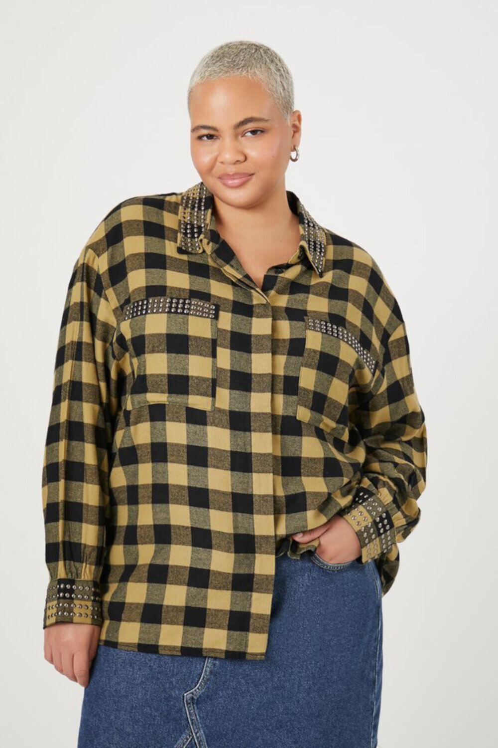 Plus Size Studded Plaid Flannel Shirt FOREVER21