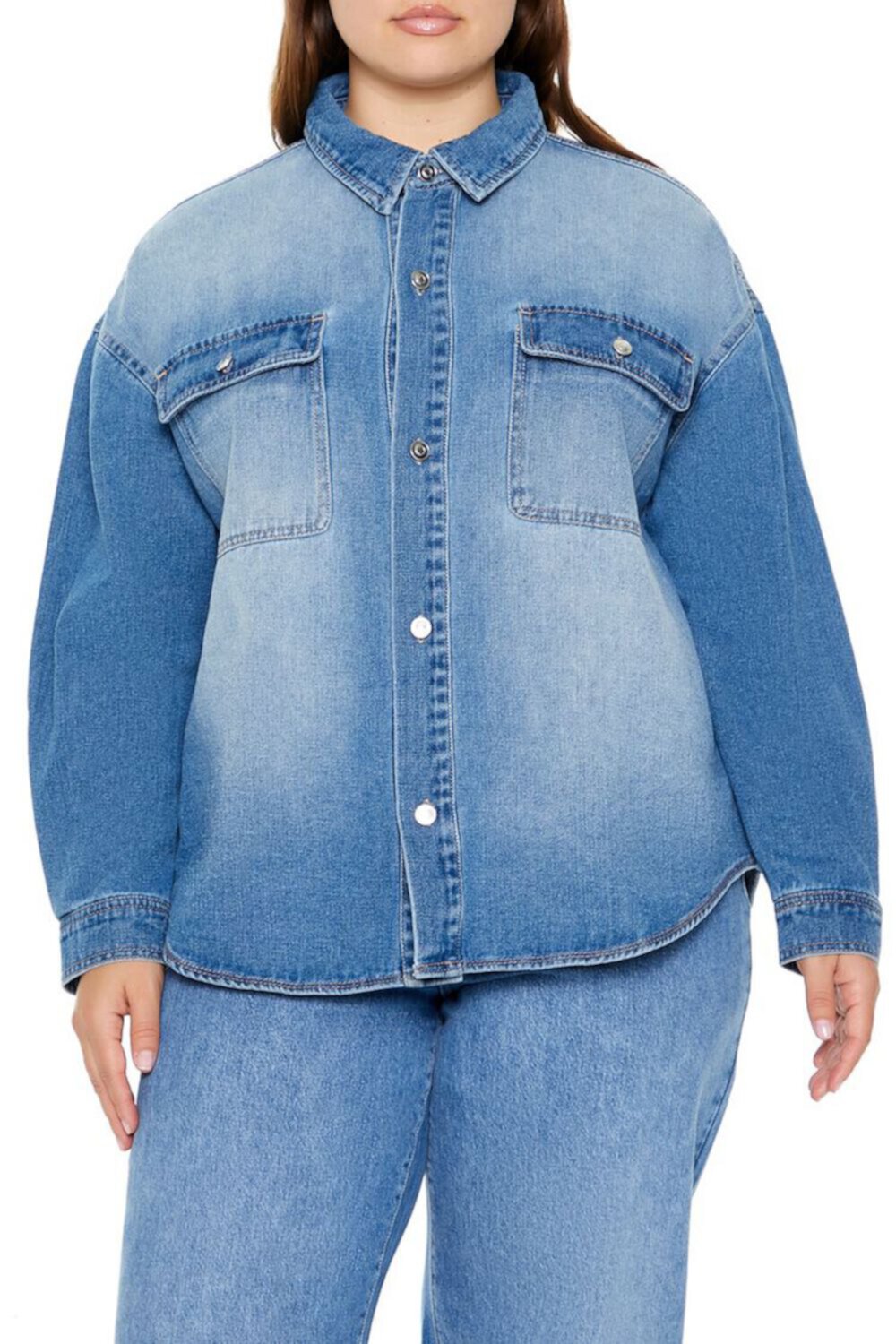 Plus Size Denim Curved-Hem Shirt FOREVER21