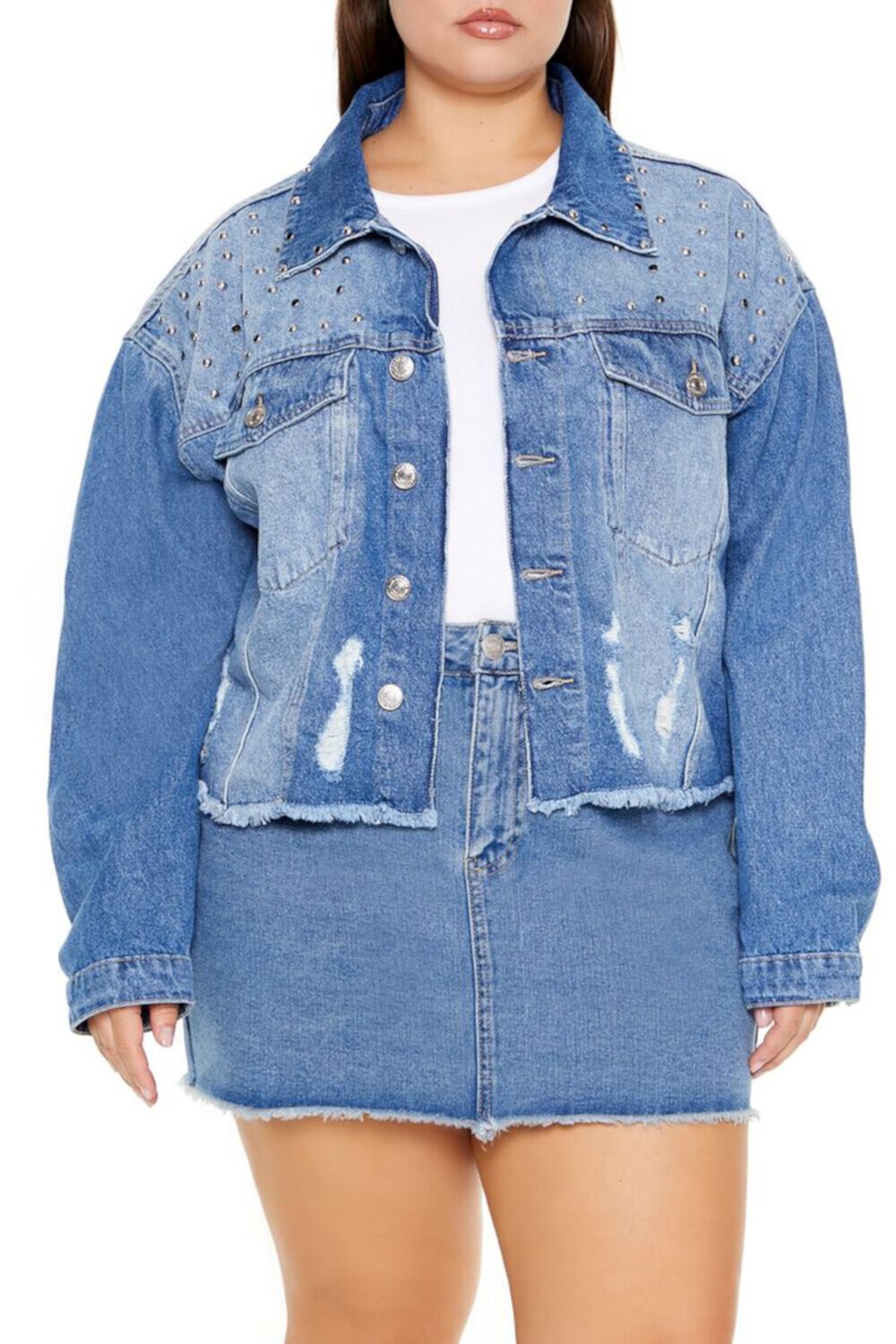 Plus Size Studded Denim Jacket FOREVER21