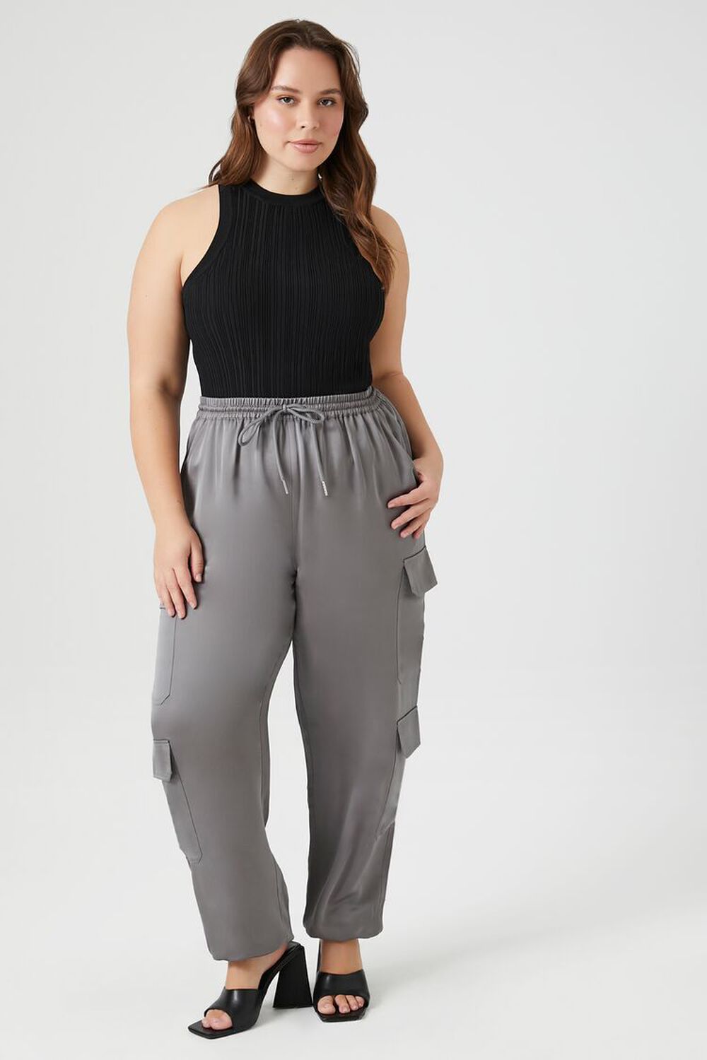 Plus Size Satin Cargo Ankle Pants FOREVER21