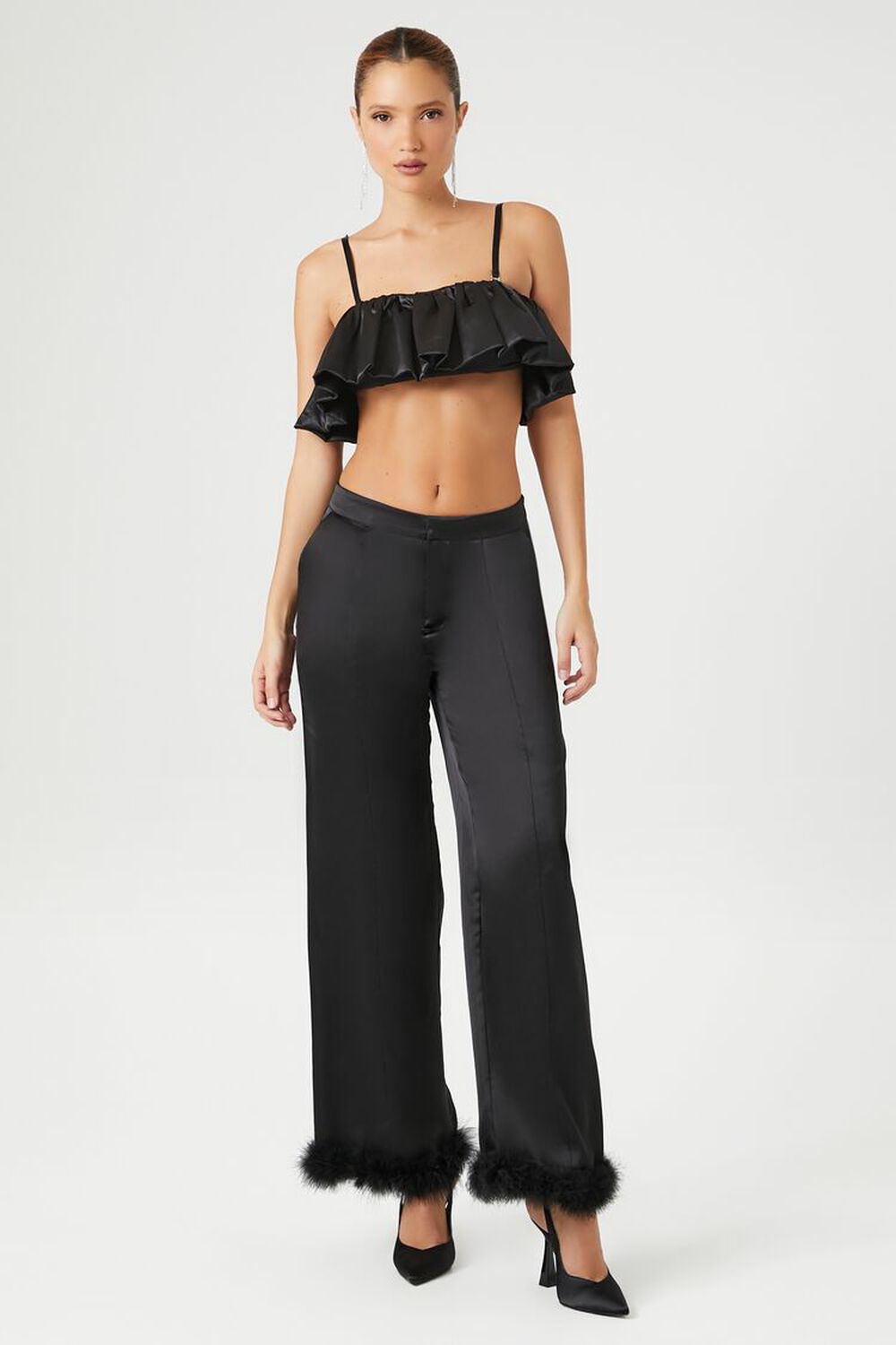 Satin Faux Fur-Trim Pants FOREVER21