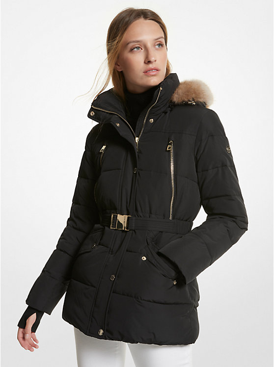 Faux fur hood belted puffer jacket online