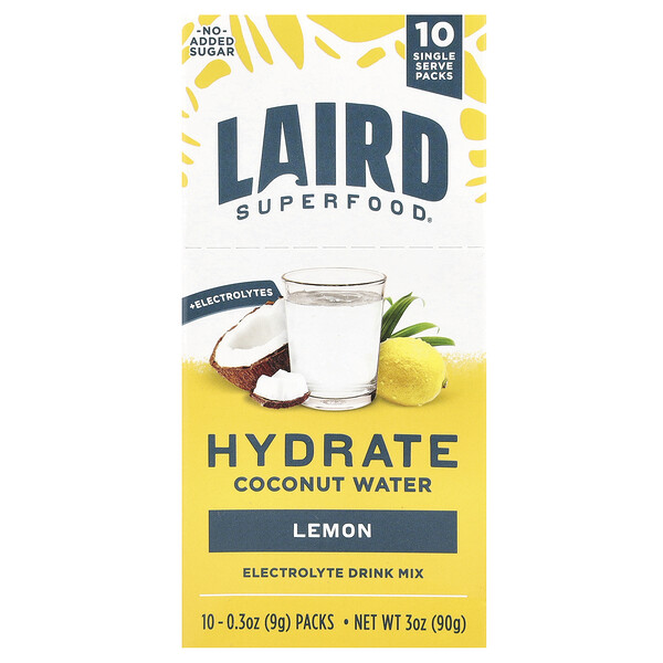 Hydrate Coconut Water, Electrolyte Drink Mix, Lemon, 10 Packs, 0.3 oz (Унции) (9 g) Each Laird Superfood