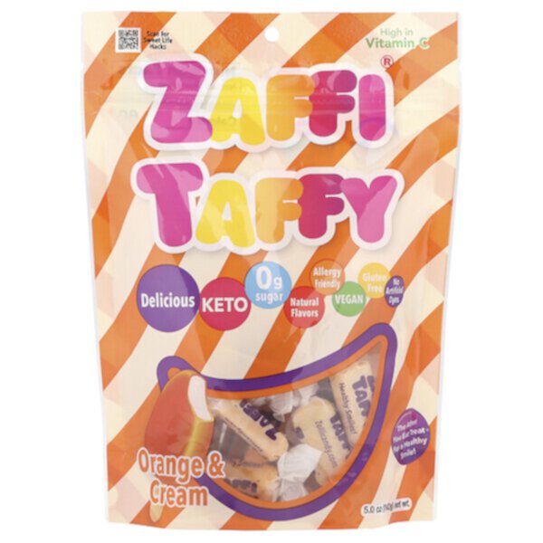 Zaffi® Taffy Апельсин и Крем, 142 г, без сахара, с витамином C, веганские Zolli Pops