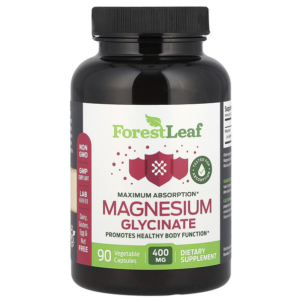 Magnesium Glycinate, Maximum Absorption, 400 mg, 90 Vegetable Capsules (Растительные капсулы) (133.3 mg per Capsule) Forest Leaf