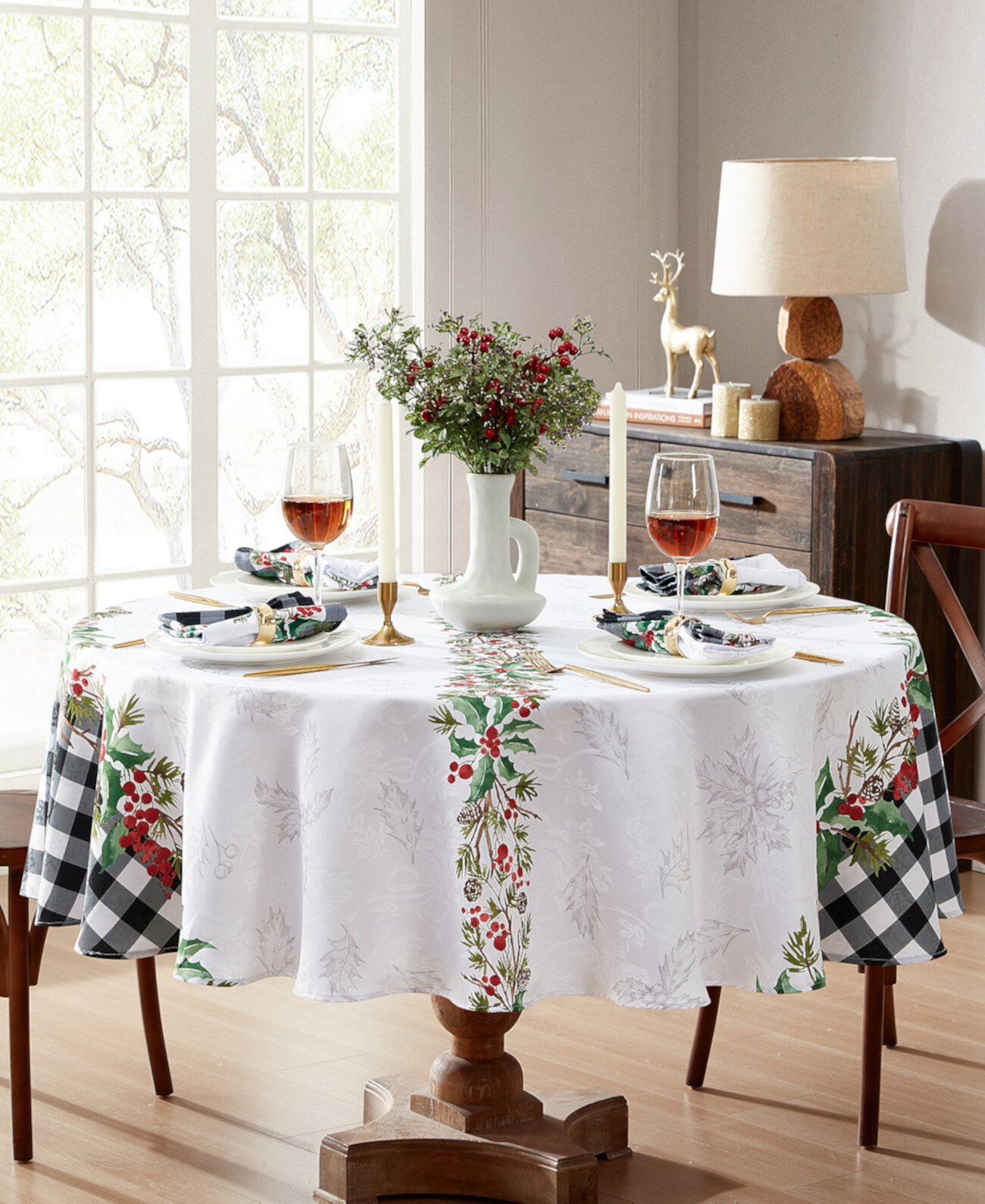 Holly Farmhouse Charm Holiday Fabric Round Tablecloth, 70"x 70" Elrene