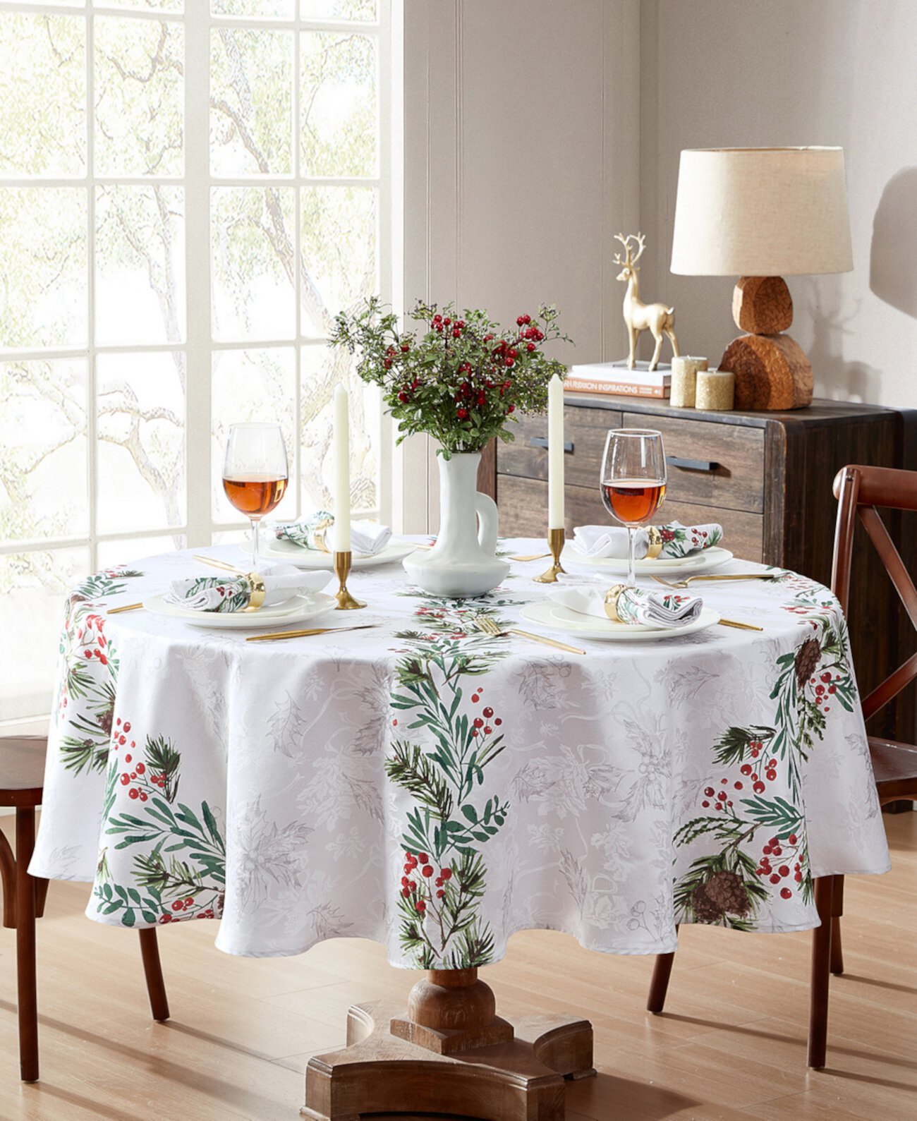 Holly Berry Flourish Holiday Fabric Round Tablecloth, 70"x 70" Elrene