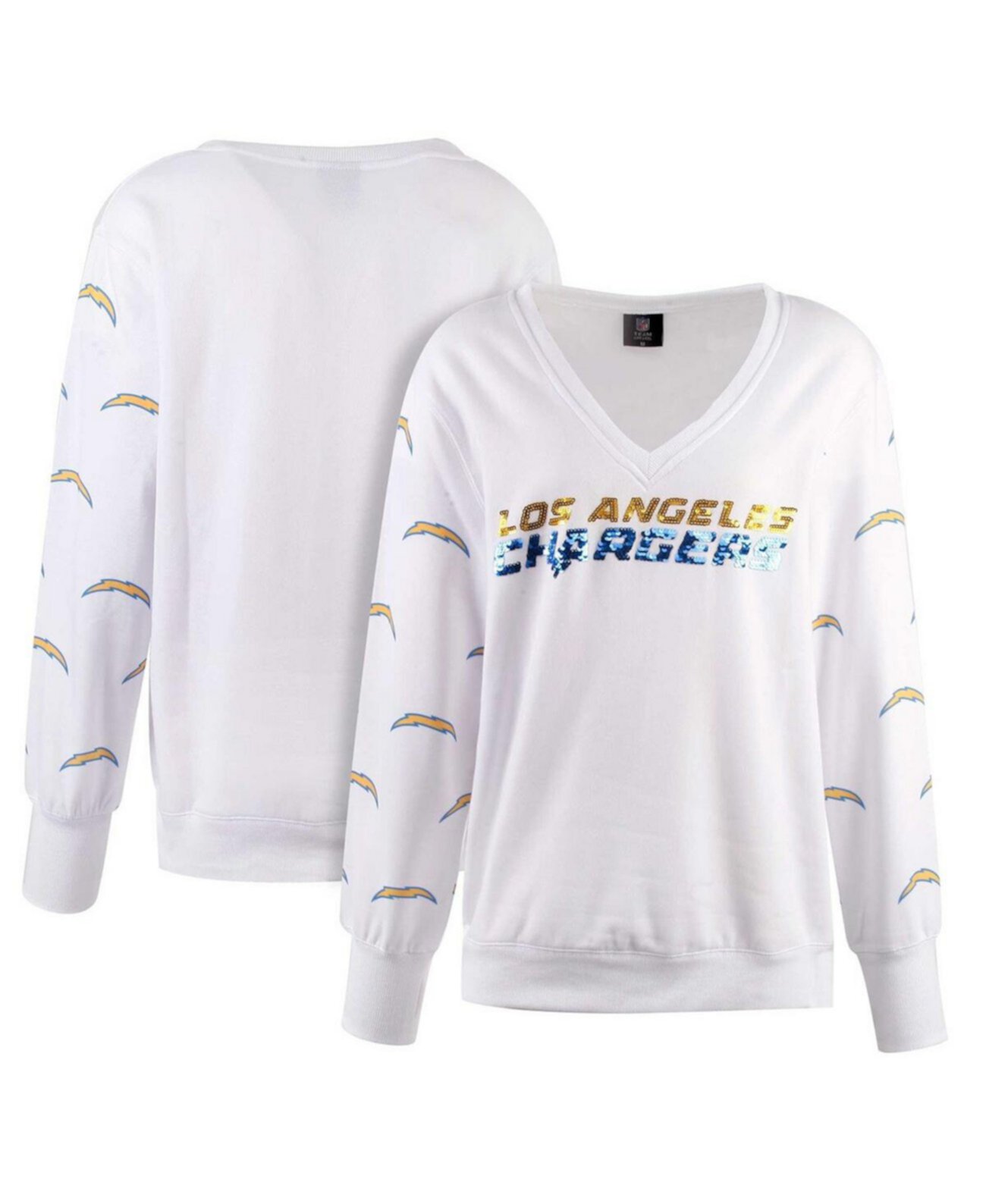 Женская Джерси Cuce White Los Angeles Chargers Sequin Fleece V-Neck T-Shirt Cuce