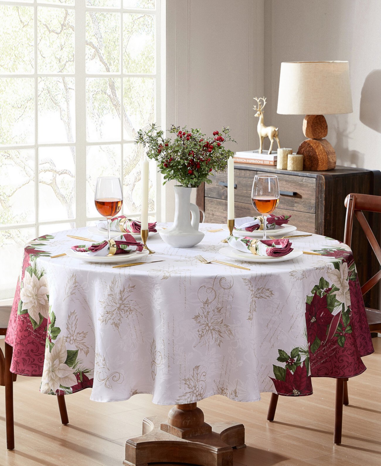 Clarette Poinsettia Holiday Fabric Round Tablecloth, 70"x 70" Elrene