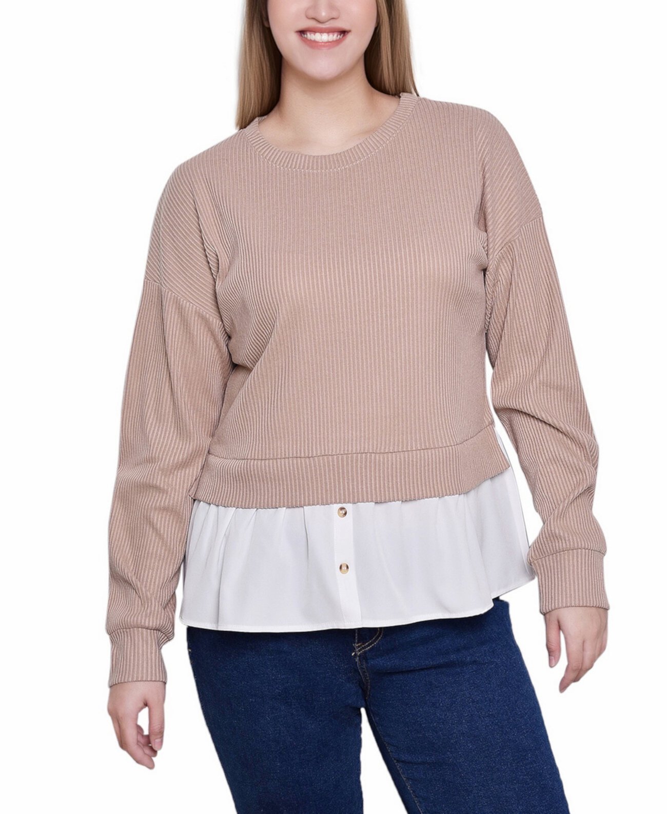 Женская Блузка NY Collection Petite Long Sleeve Two-Fer Top с Собранным Вставным Элементом NY Collection