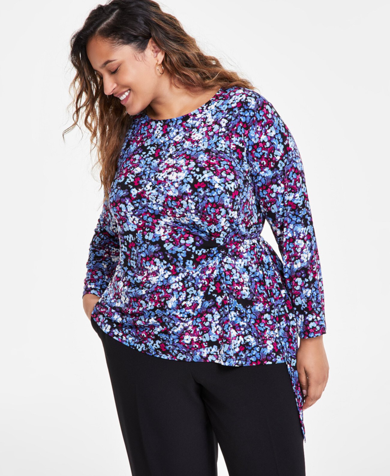 Женская Блузка Kasper Plus Size Printed Long Sleeve Twist-Side Top Kasper