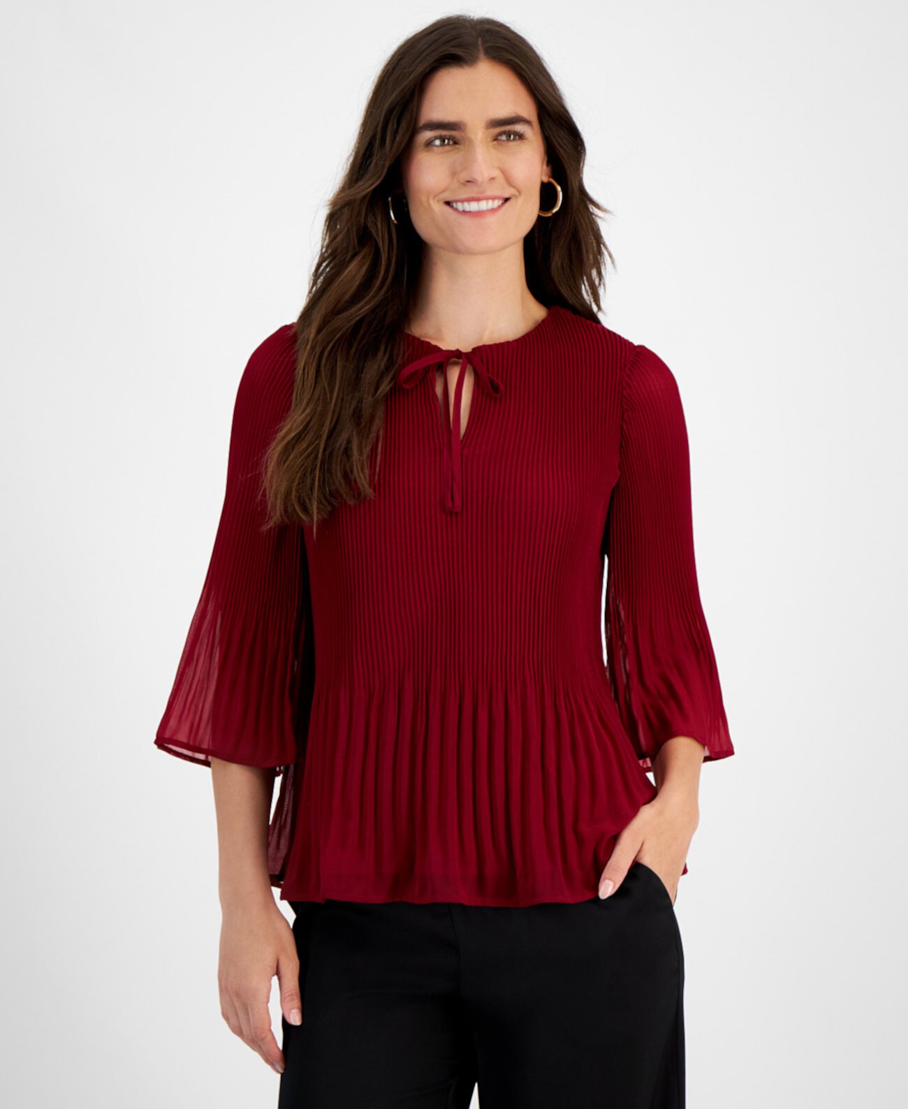 Petite Pleated Bell-Sleeve Split-Neck Top, Created for Macy's J&M Collection