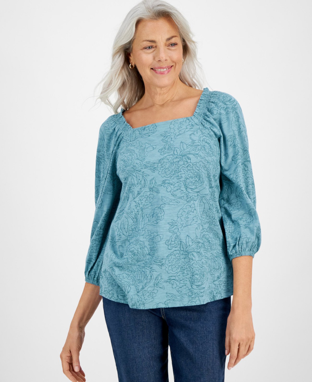 Petite Square-Neck 3/4-Sleeve Convertible Top, Created for Macy's Style & Co